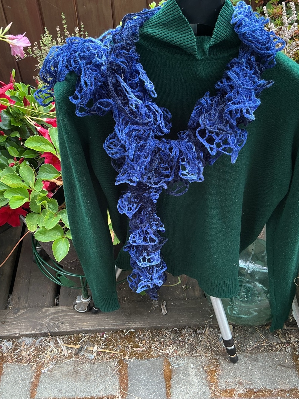 Handmade Ruffled Knit Scarf in Deep Blue Ombre